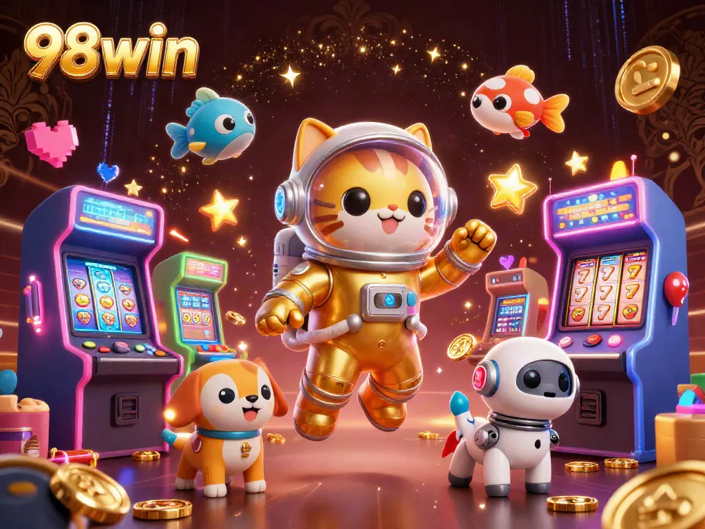 Engage with vibrant slots action featuring 98win's animated character scene showcasing immersive gaming.