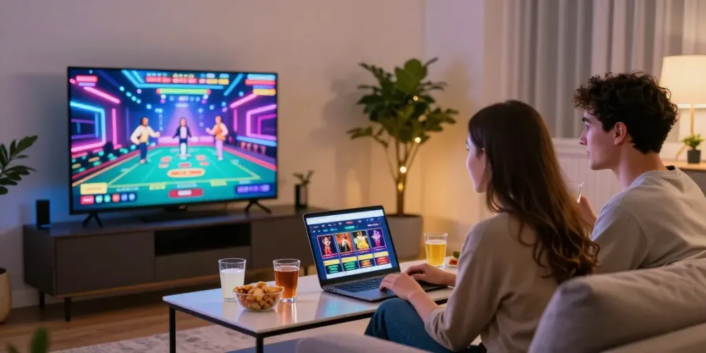 Couple enjoying a non UK casino gaming experience in a cozy living room.