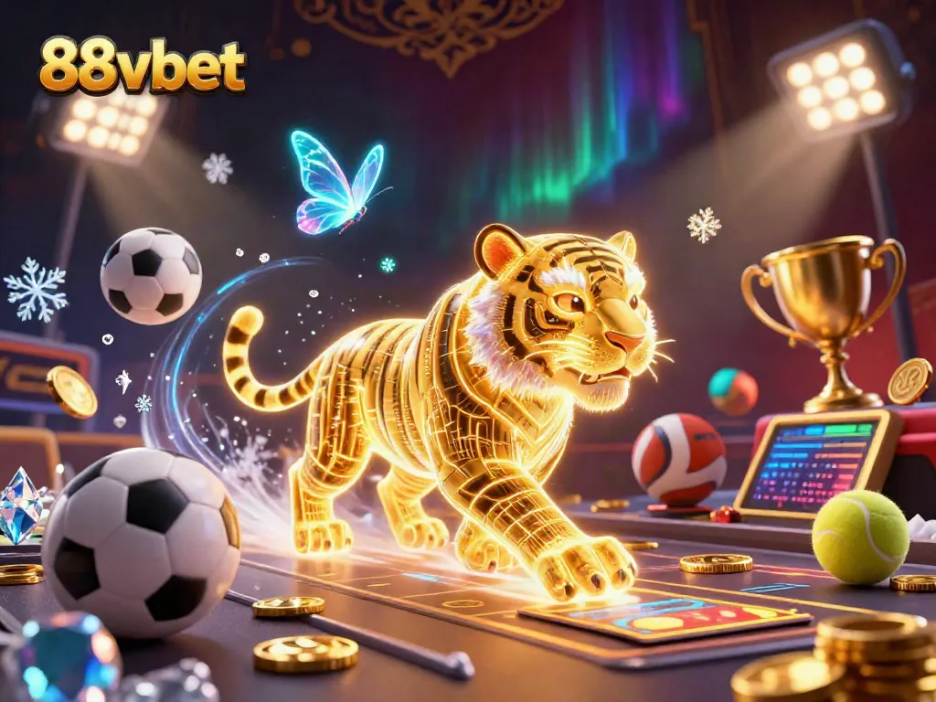 Experience the vibrant world of 88vbet with a golden tiger, sports elements, and dynamic gaming atmosphere.