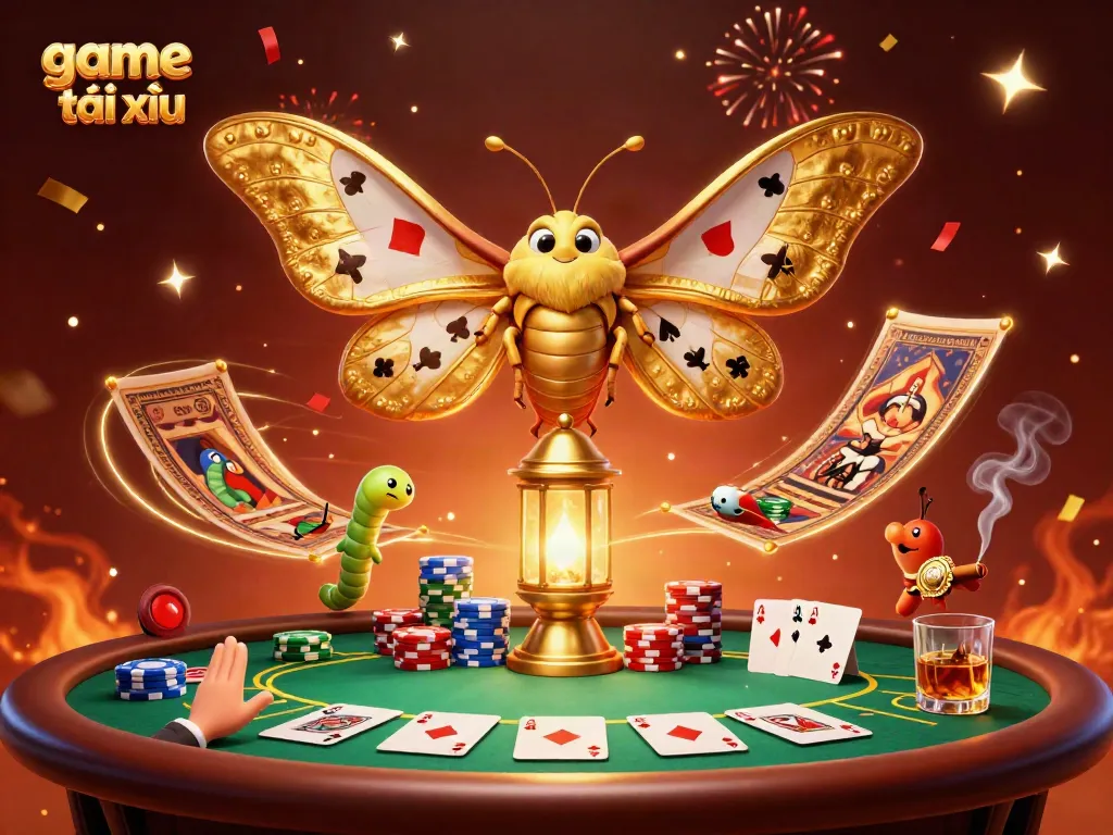 Engage in the exciting game tài xỉu with a vibrant 3D illustration of casino elements and a majestic atlas moth.