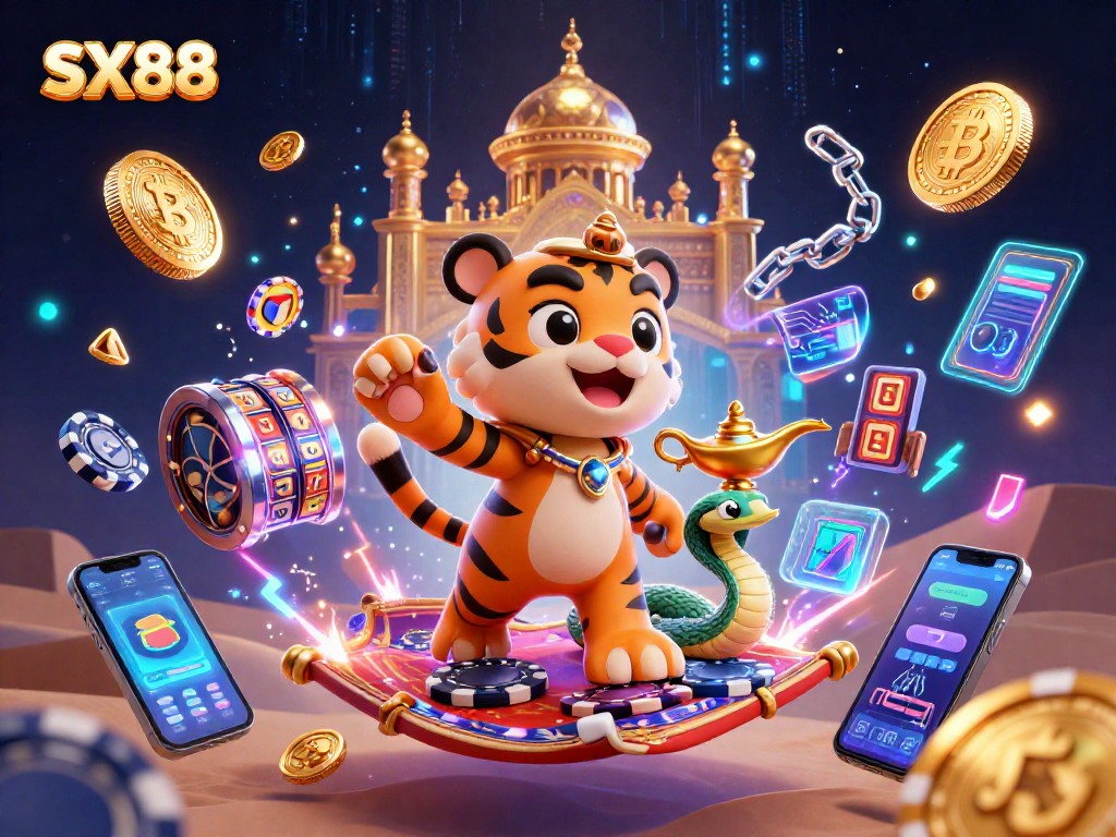 SX88 enhances excitement with a vibrant 3D digital scene showcasing immersive casino elements and a tiger sultan.