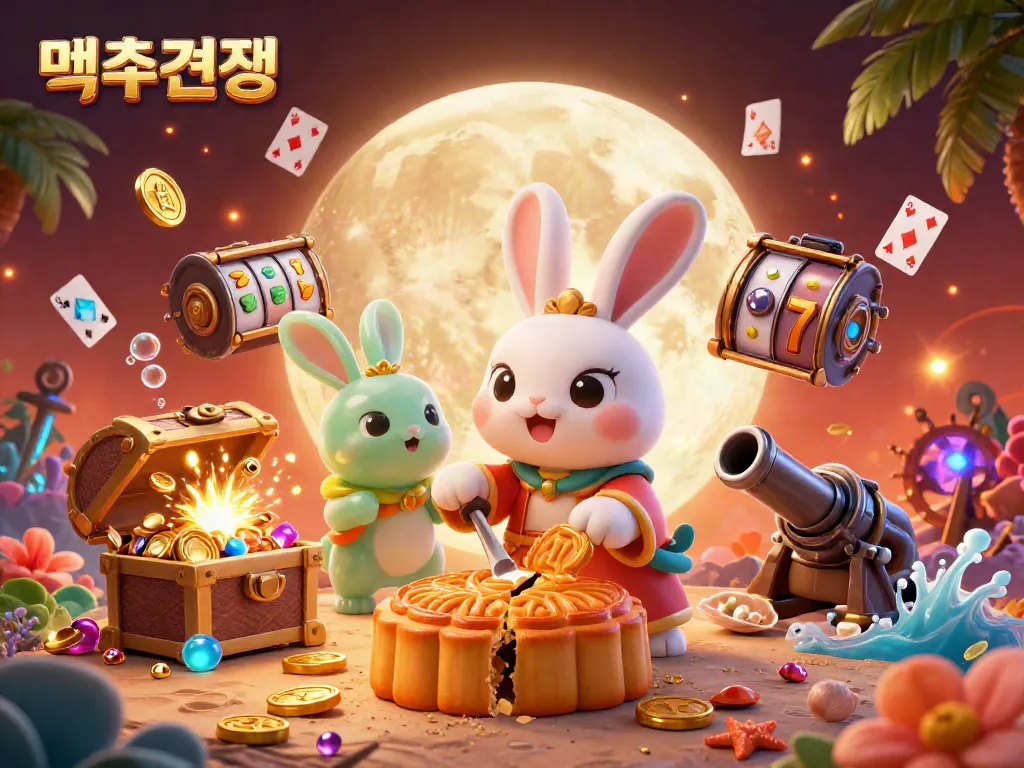 Experience 먹튀검증 in a vibrant 3D casino scene showcasing a moon rabbit and slot elements.