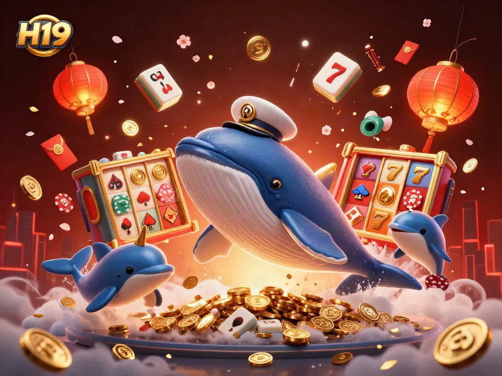Experience excitement with the H19 whale breaching amidst slot reels and poker chips.
