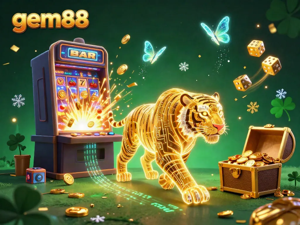 Experience the excitement of gem88 with a vibrant casino scene featuring a neon tiger and a jackpot explosion.