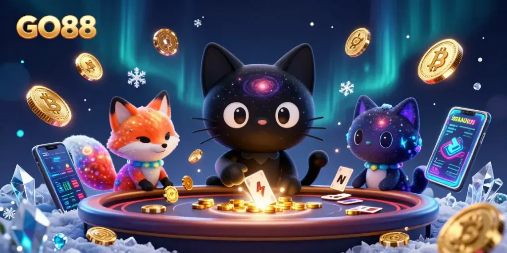 Experience captivating GO88 gameplay with cosmic characters amidst vibrant digital gaming elements.