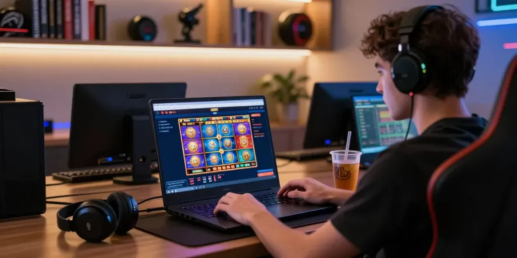 Engaged user at a non UK casino site, vibrant gaming atmosphere with laptop and gaming setup.