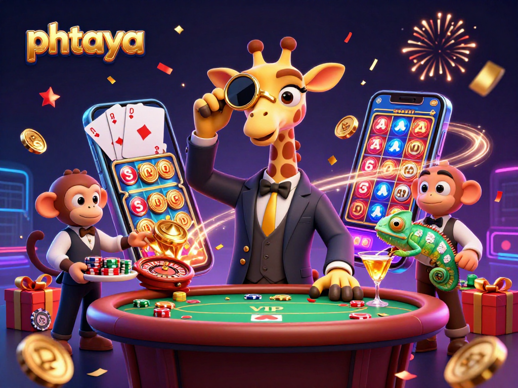 Phtaya casino delight with a high-roller giraffe, monkey valet, and chameleon bartender amidst vibrant gaming elements.
