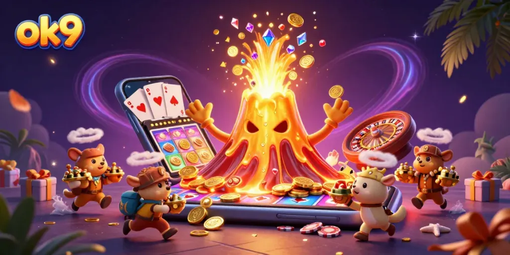 Experience exciting wins at ok9 as a golden volcano erupts coins and treasures amidst dynamic gameplay.