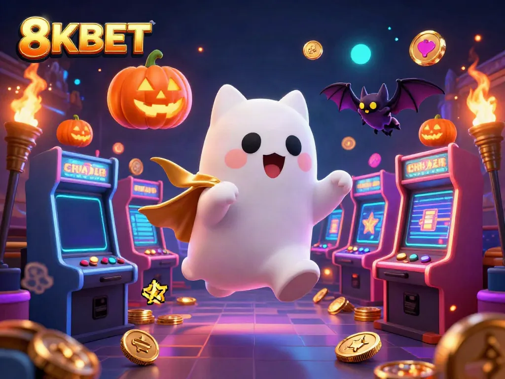 Experience 8KBET's thrilling casino atmosphere featuring a ghost cat and vampire bat amidst vibrant gaming elements and jackpots.