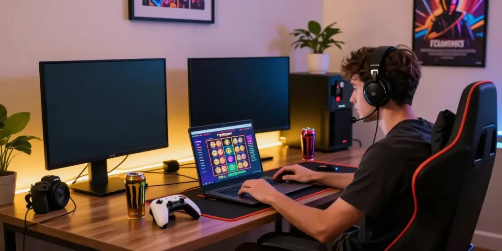 Exciting non UK casino gaming setup with vibrant screens and cozy atmosphere