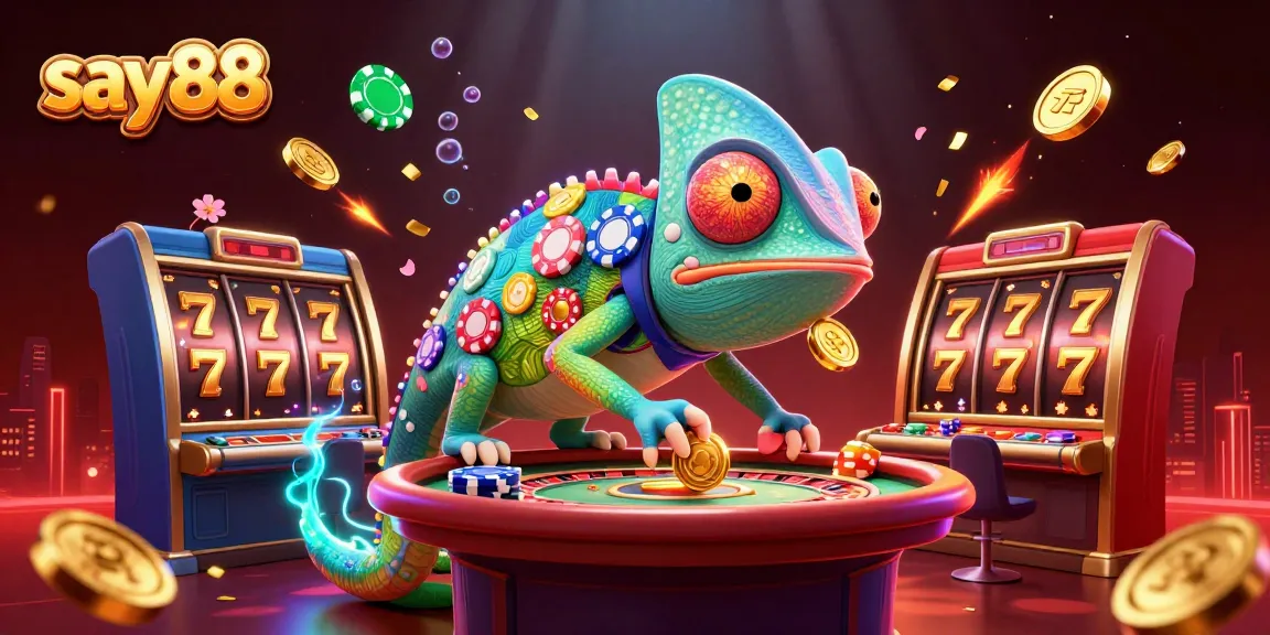 Experience the thrill of winning big at say88, with a vibrant 3D chameleon casino scene full of exciting gaming elements.