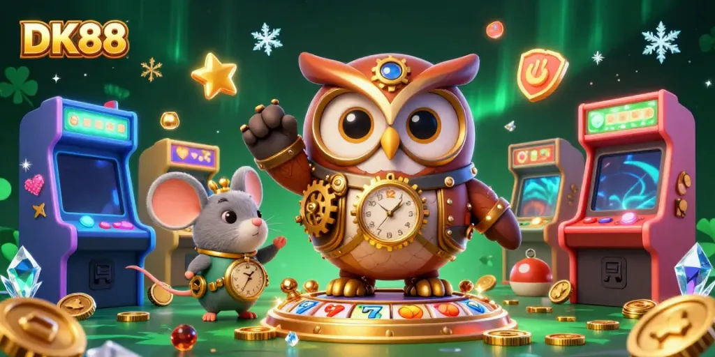 Engage in thrilling gaming at DK88 as a cartoon owl and mouse explore vibrant slot reels and arcade elements.