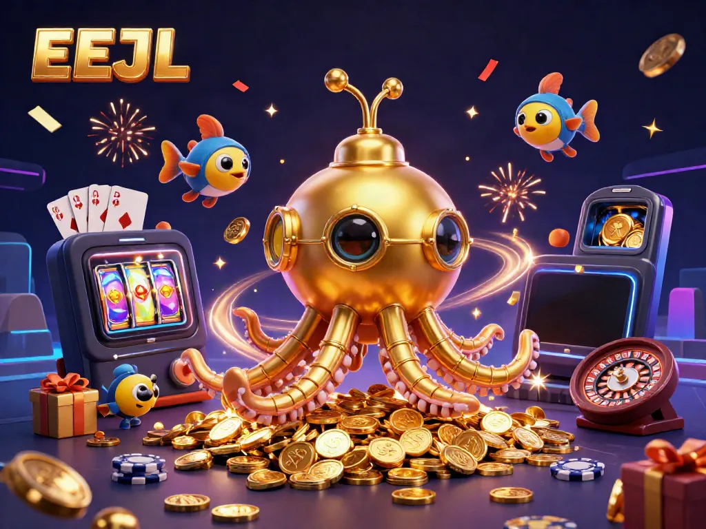 Engage in exhilarating online gameplay with EEJL's vibrant 3D kraken scene rich in casino elements.