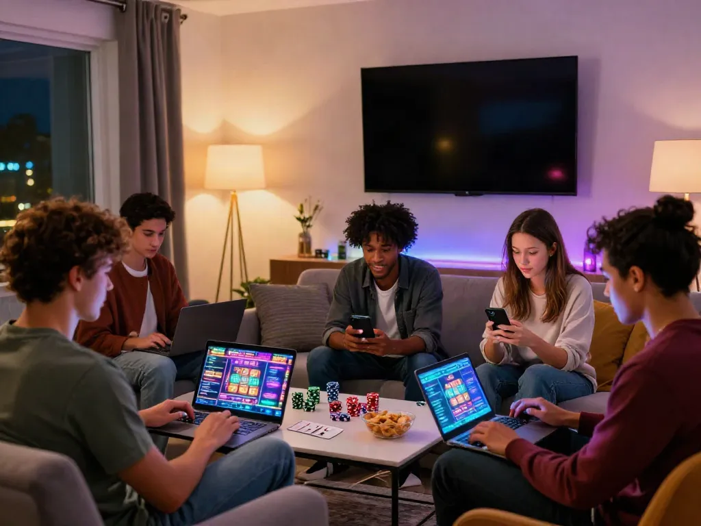 A lively online gaming night with friends enjoying a non UK casino game in a cozy living room setting.