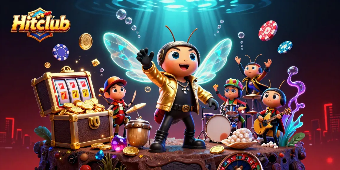 Hitclub casino scene showcases a vibrant 3D illustration of rock star characters enjoying gaming.