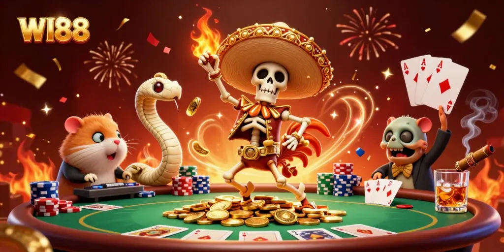 Join the celebration at WI88 with a vibrant 3D illustration of a skeleton mariachi rooster, mummy snake, and DJ hamster amidst a bustling casino scene.