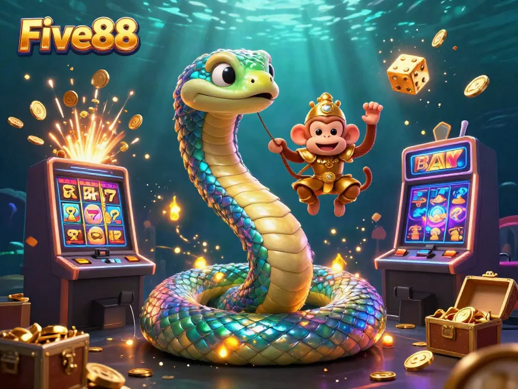 Spin to win at Five88 with vibrant 3D casino graphics featuring a rainbow serpent and jackpot excitement.