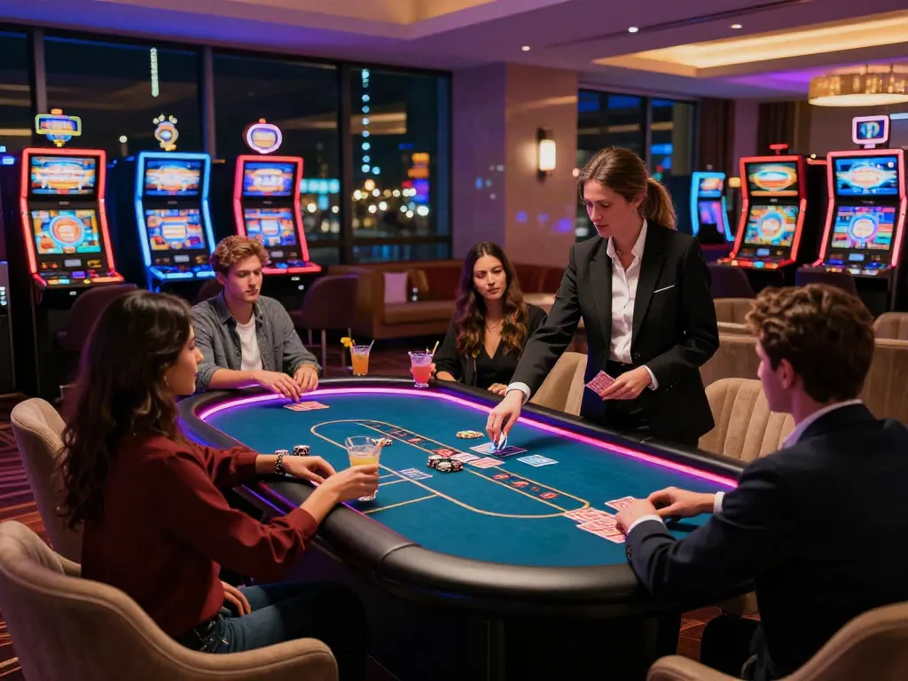 Vibrant non UK casino scene with friends enjoying poker and cocktails.
