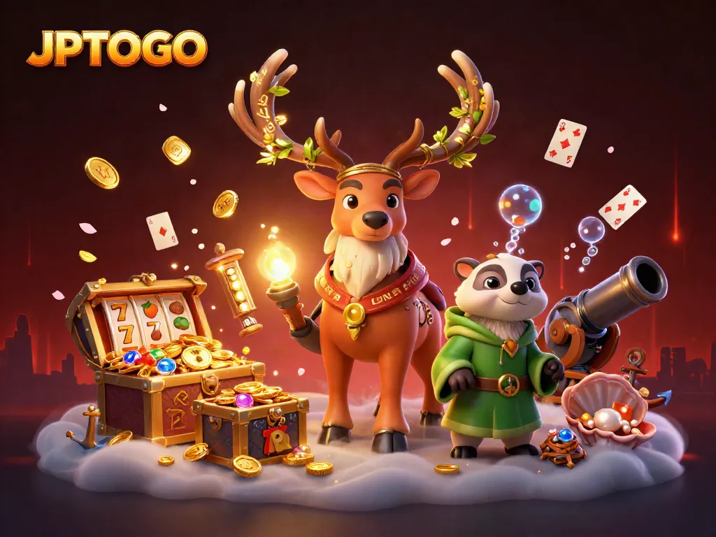 Experience the excitement of JPTOTO with a lively casino scene featuring a druid stag and wise badger.