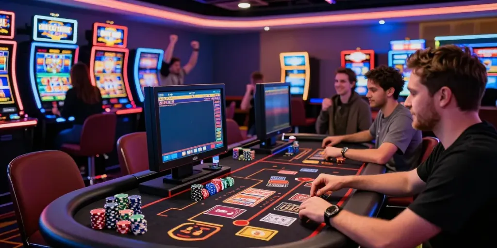 Exciting non UK casino gaming scene with players engaged at a colorful table.