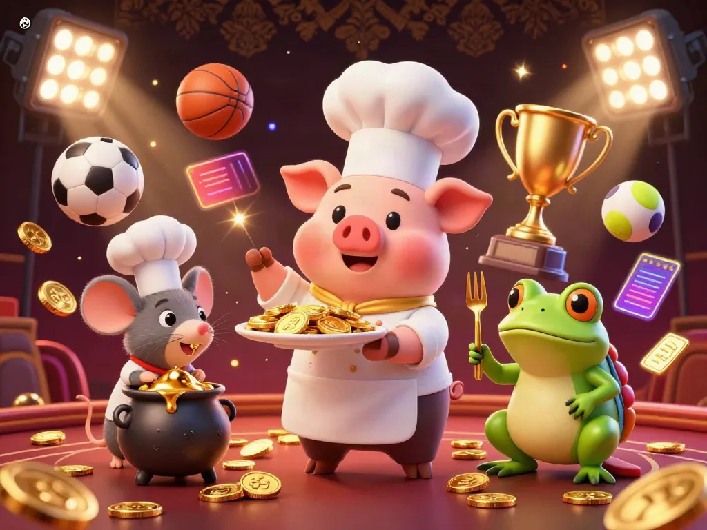Experience thrilling tg88 bet action with chefs and gold coins amidst dynamic sports elements in a vibrant casino illustration.