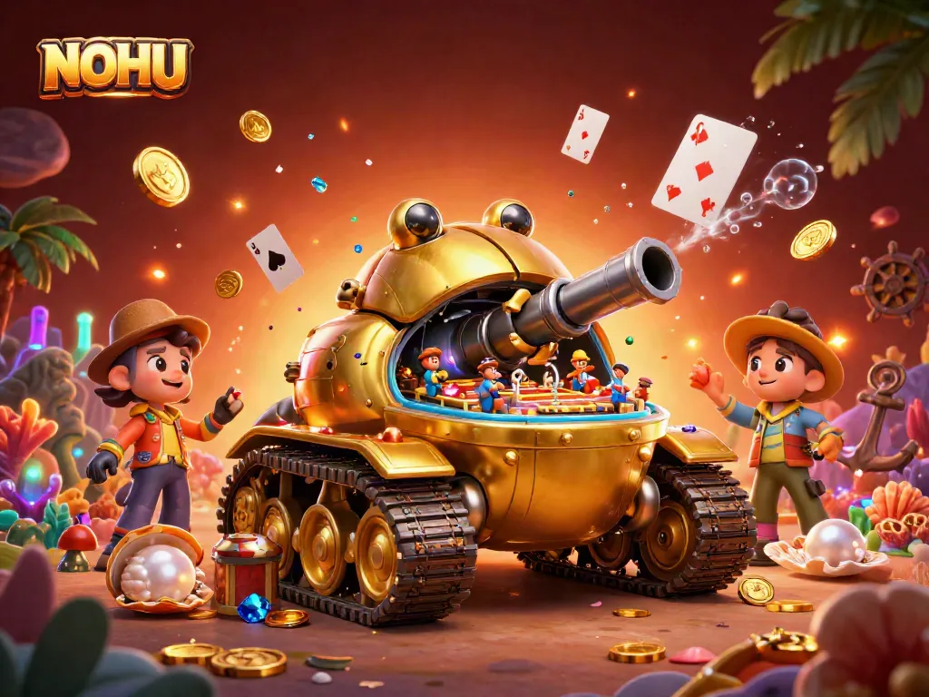 Experience the excitement of NOHU's vibrant casino atmosphere inside a golden beetle tank amid colorful treasures.