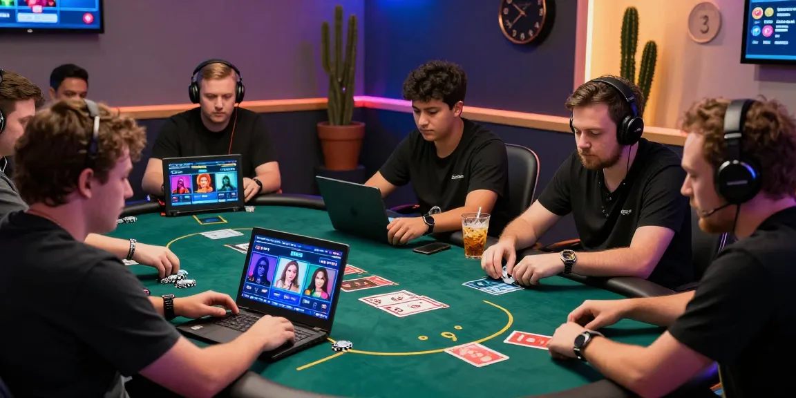 Login Domino88 experience with diverse players engaging in online poker game at virtual table, colorful avatars and snacks creating a lively atmosphere.