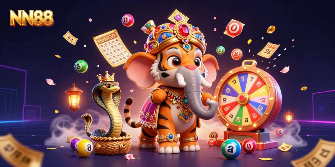 Immerse in NN88's vibrant gaming world with dynamic golden bingo cards and colorful lottery balls.