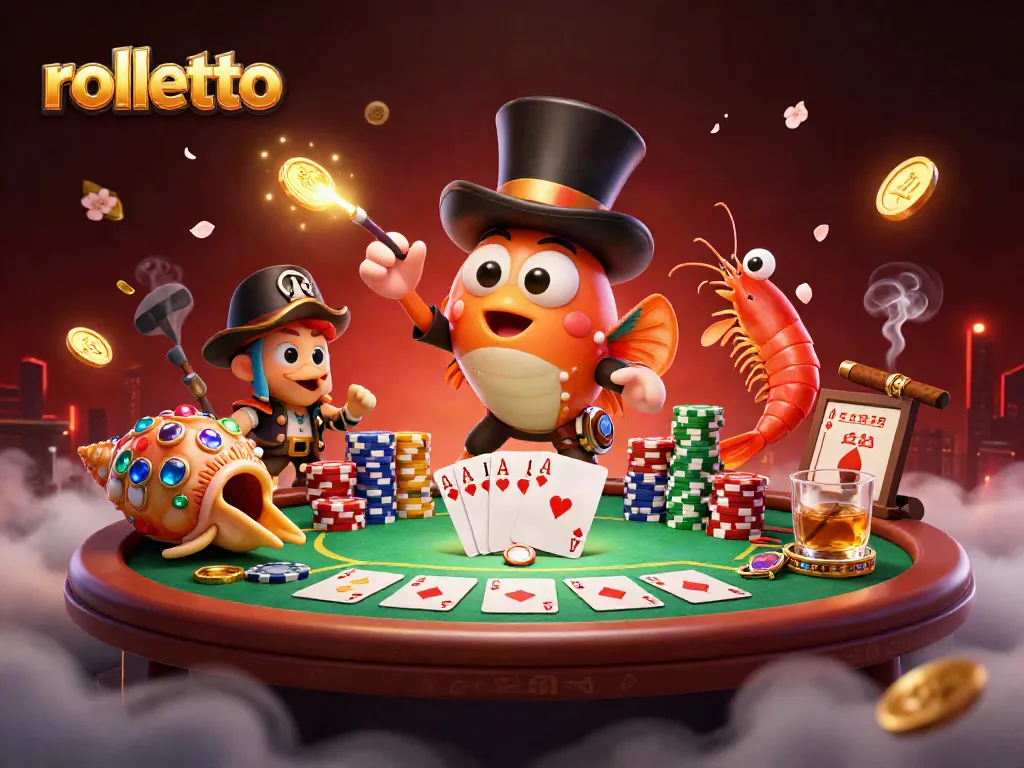 rolletto casino fun with glowing coins, poker chips, and colorful characters.