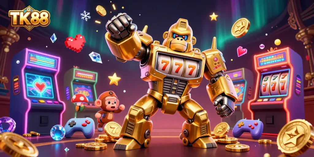Engage with TK 88 casino excitement featuring a golden gorilla mech amid colorful gambling elements.