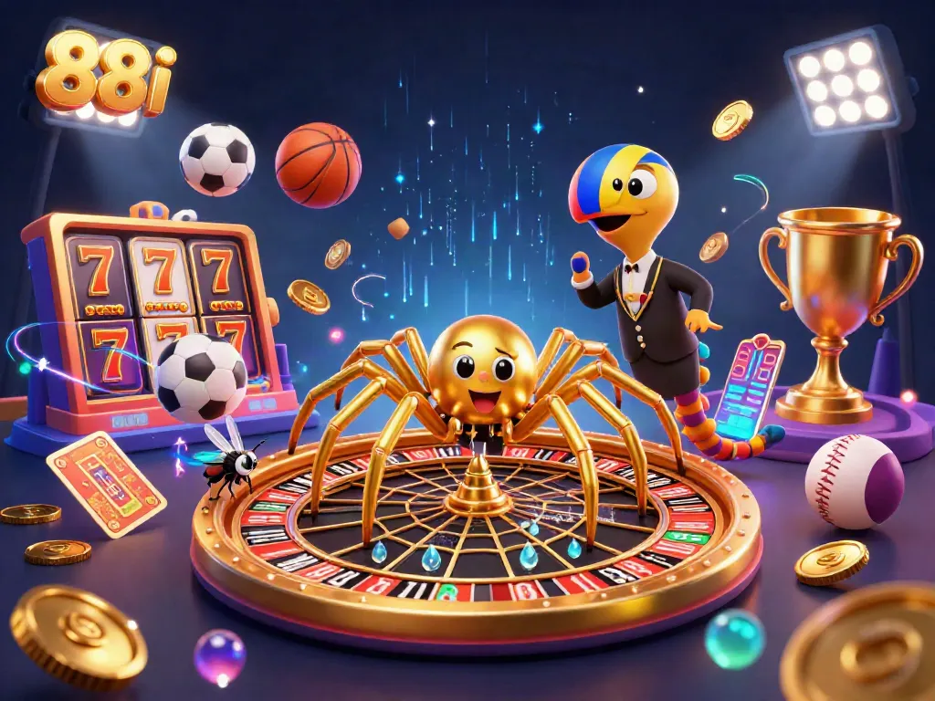 Engage with 88i's vibrant casino world featuring a golden spider spinning a roulette wheel web surrounded by sports elements.