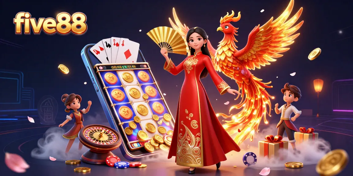 Win big with five88: a vibrant casino scene filled with golden coins and slot games