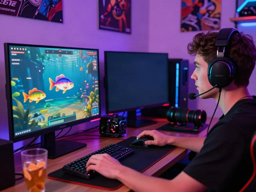Engaged player in a vibrant gaming setup enjoying lại là Bắn cá đổi thưởng with virtual fish on screen.
