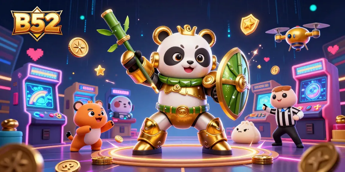 B52 gaming illustration with a mech-suit panda and arcade machines generating thrilling casino excitement.