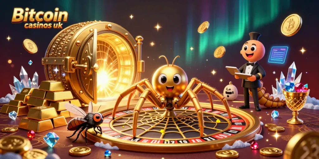 Engage with Bitcoin casinos uk through vibrant casino-themed 3D digital art featuring a golden roulette wheel and charming characters.