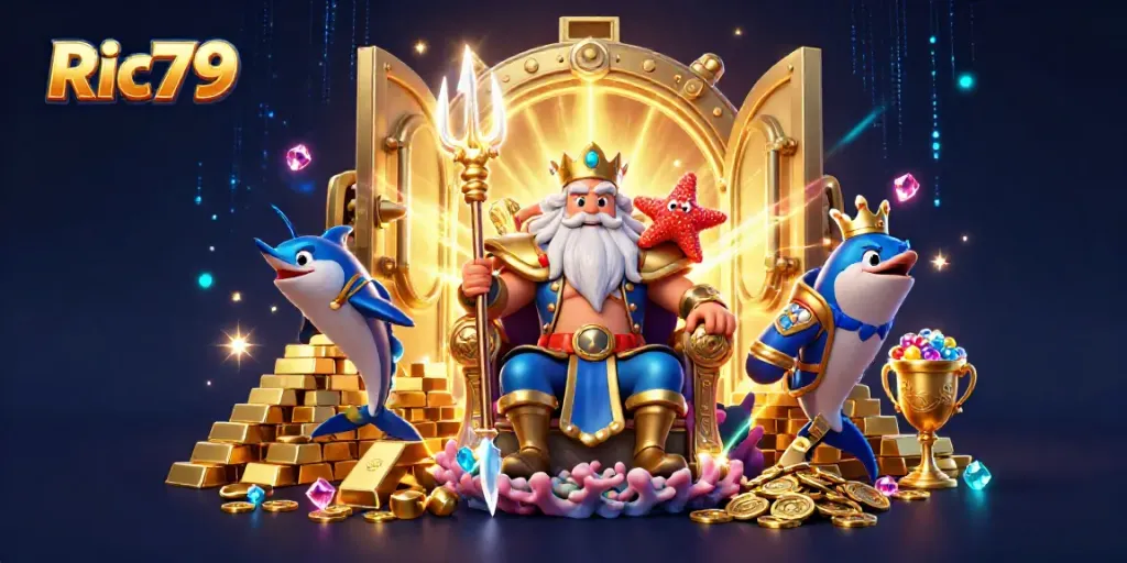 Experience the thrilling Ric79 online casino with Neptune and treasures in this vibrant 3D illustration.