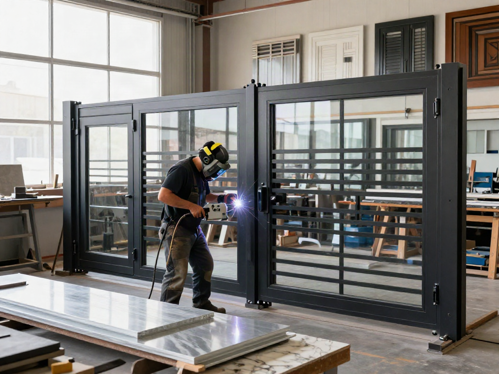 Artisan working on custom gates and doors at Al taher carpentry and aluminium workshop