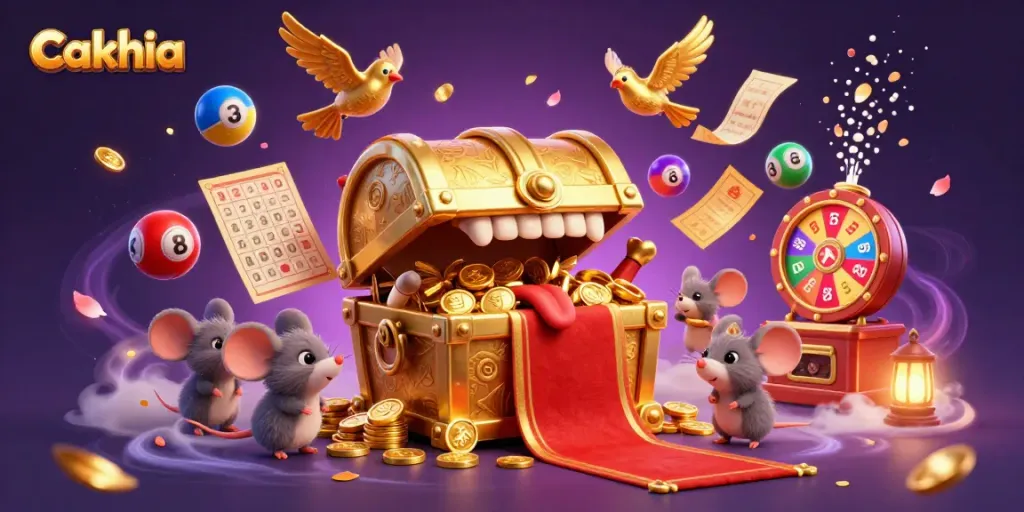 Engage with Cakhia's vibrant gambling world, featuring a treasure chest and colorful game elements.