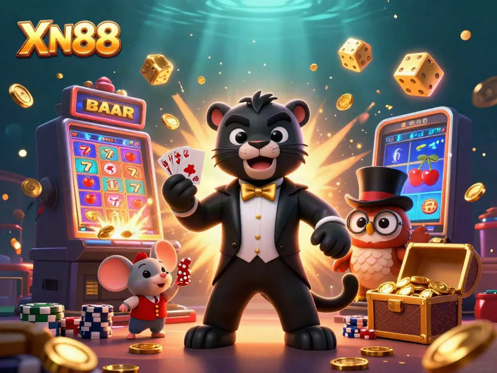XN88 online casino vibrant illustration with a stylish black panther dealing cards and a jackpot explosion