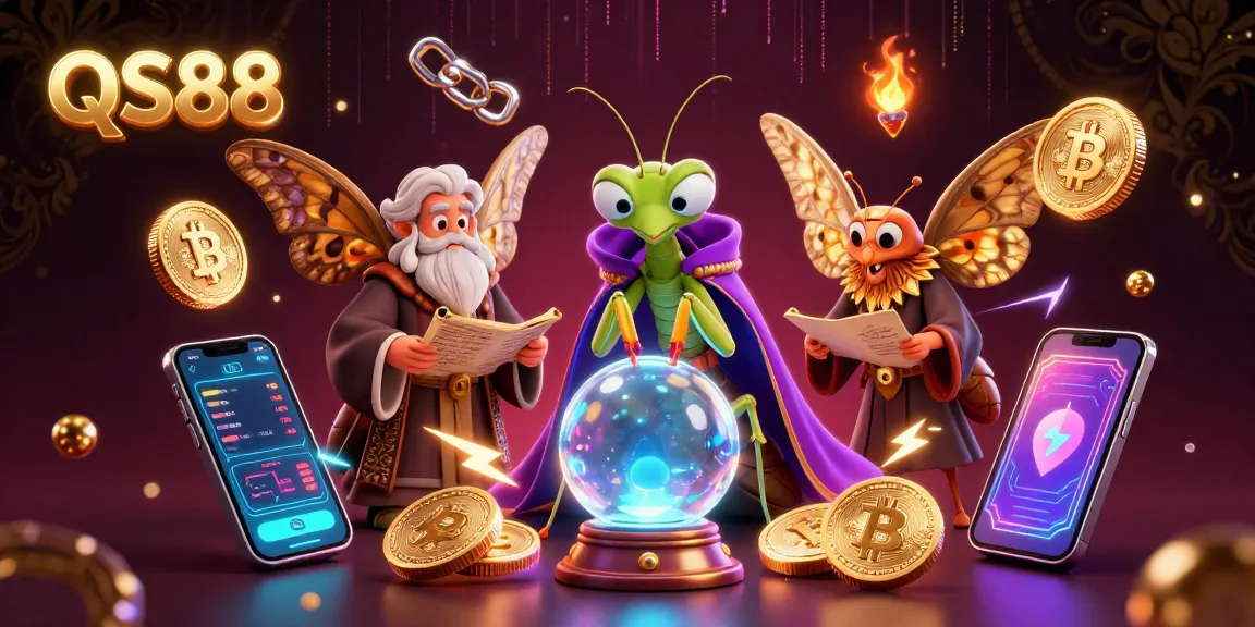 Players engage thrillingly with QS88's fortune teller scene, surrounded by glowing cryptocurrency elements and mystical motifs.
