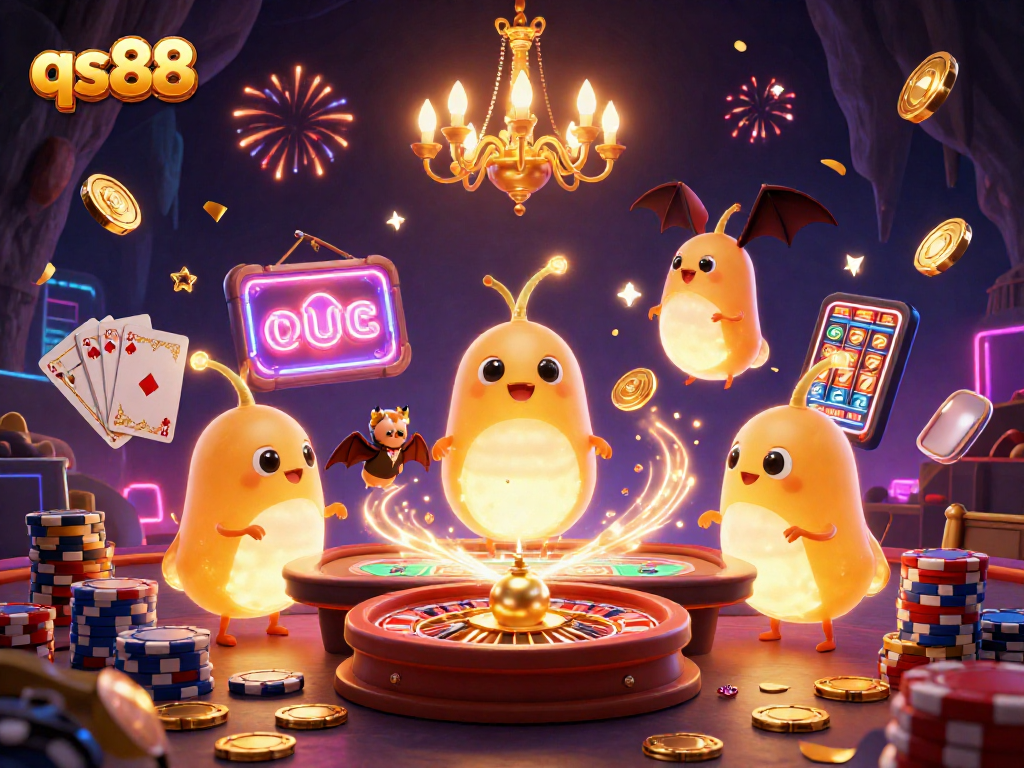 Experience the vibrant energy of qs88 with glowworms illuminating a cave casino scene.