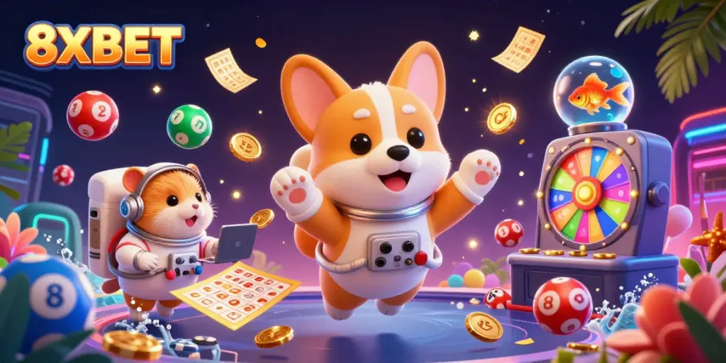 Experience the vibrant world of 8XBET with a playful illustration showcasing dynamic gaming elements.