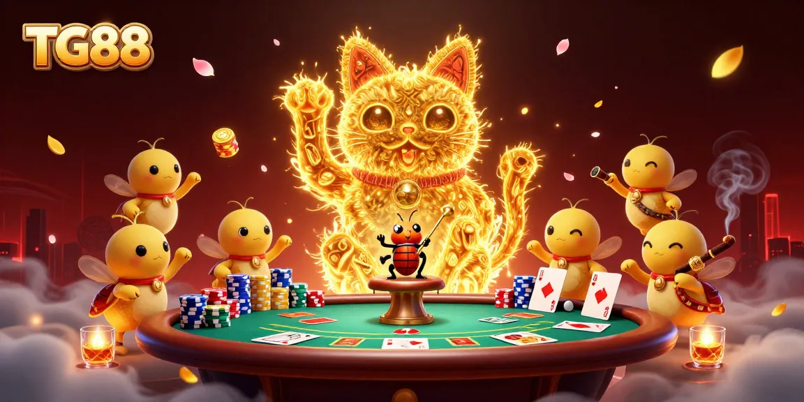 Experience the excitement of TG88 where golden fireflies create a lucky cat amidst an energetic casino atmosphere.