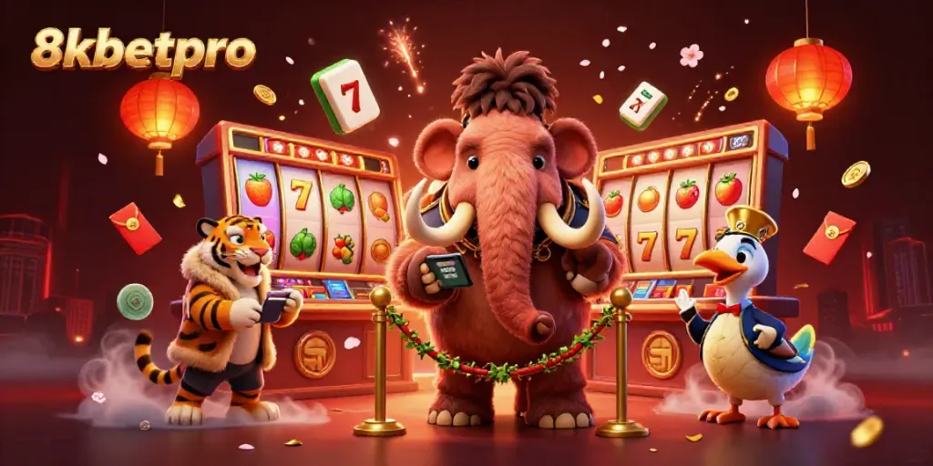 Experience thrilling slots with 8xbetpro in this vibrant 3D casino illustration, showcasing iconic gaming elements.