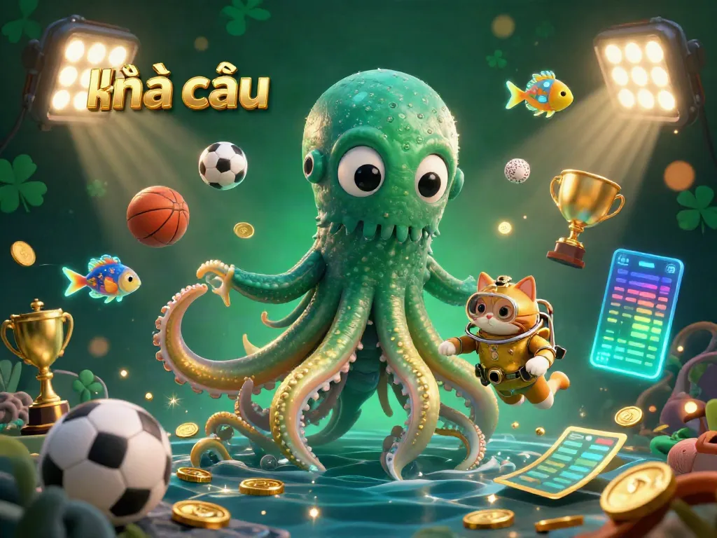 Engage with kèo nhà cái in a vibrant sports betting scene featuring a kraken and diving cat.