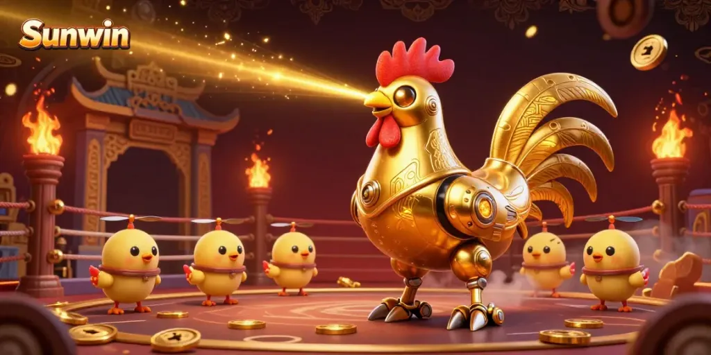 Sunwin interactive gaming scene featuring a golden rooster robot and chick drones amidst dynamic casino elements.