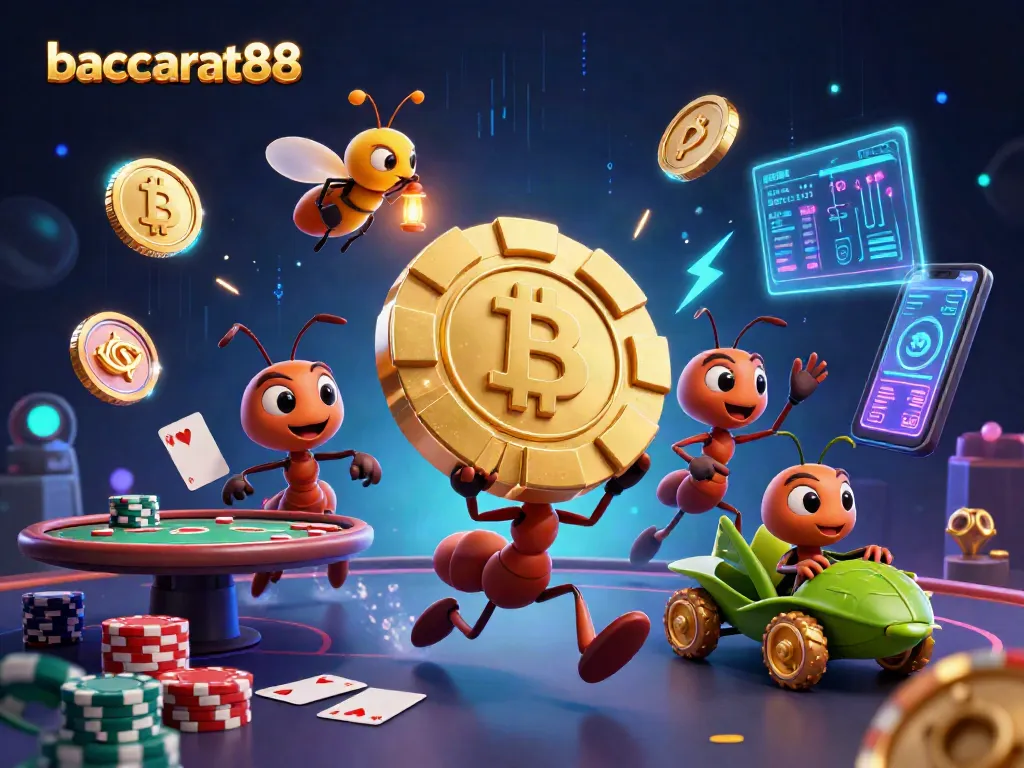 Baccarat88 showcases a thrilling card heist scene with cartoon ants, poker tables, and crypto elements.