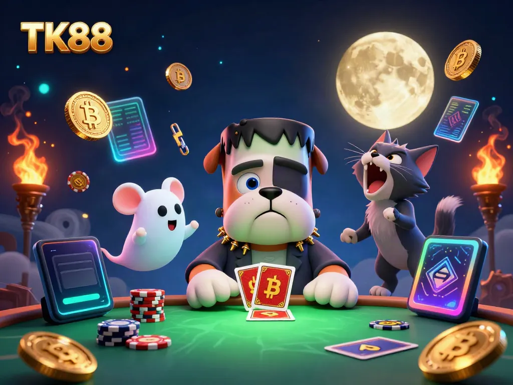 Engage with thrilling gameplay on TK88 as a Frankenstein bulldog entertains at a spooky casino table.