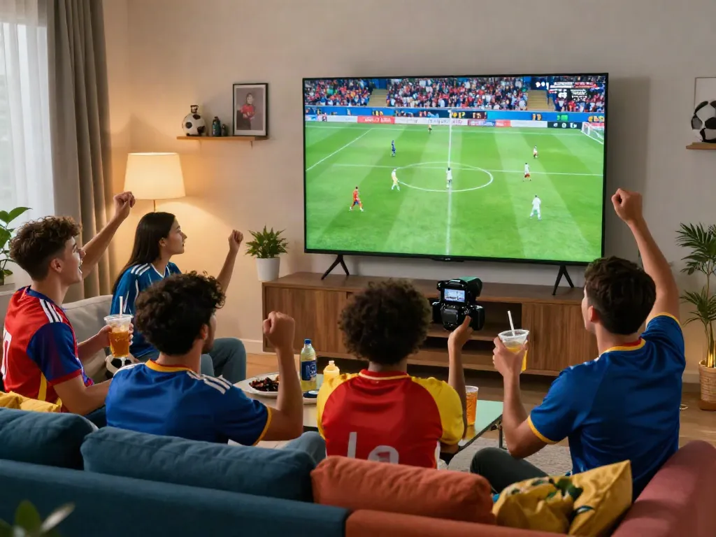 Excited fans enjoying a soccer game on Xoilactv in a lively living room setting.