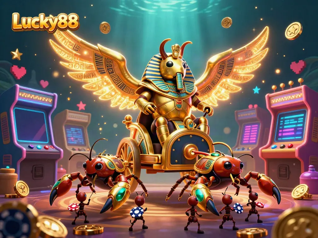 Engage in thrilling online gaming adventures with Lucky88 through a vibrant casino-themed 3D illustration.